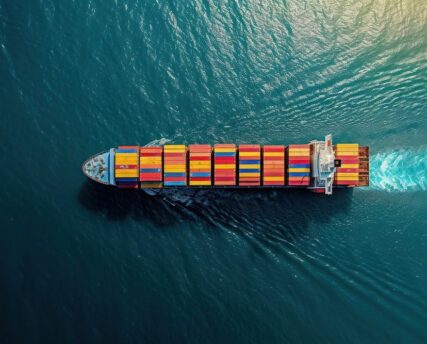 Aerial top view of cargo maritime ship container shipping carrying.