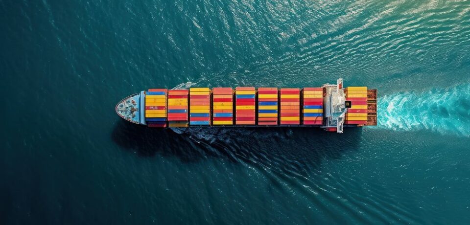 Aerial top view of cargo maritime ship container shipping carrying.